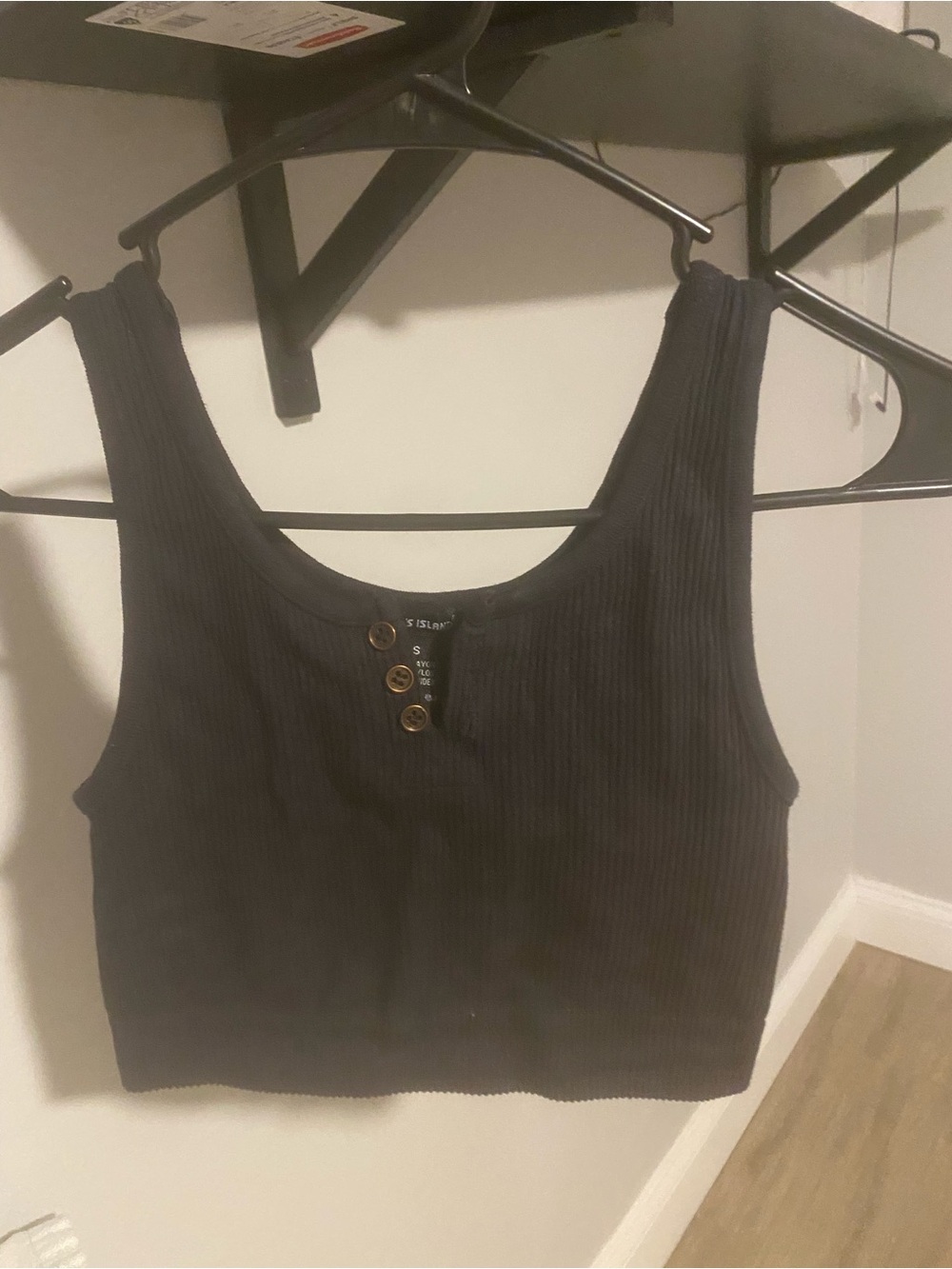 Sleeveless Ribbed Crop Tank Top with Button Detail - Black
